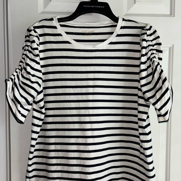 kate spade Tops - Kate Spade navy and white striped shirt top with ruched sleeves NWOT Size XL